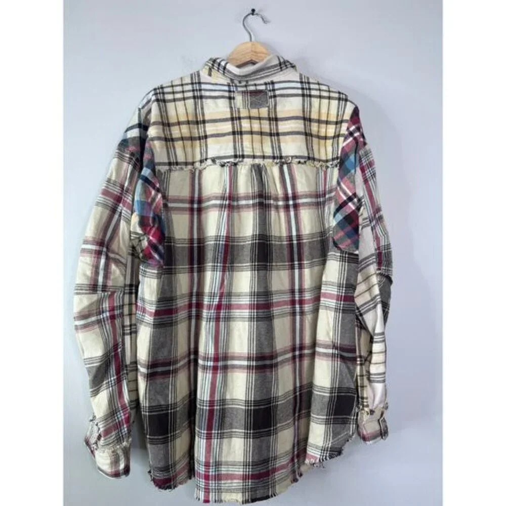 NWT Free People Patched Up Plaid Shirt at Free People Oatmeal Size: Large